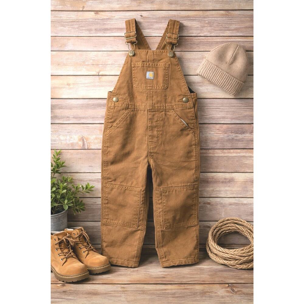 Carhartt Overalls Size 3T Youth Brown Denim Bibs Double Knee Farmer Work Overall - Picture 1 of 2